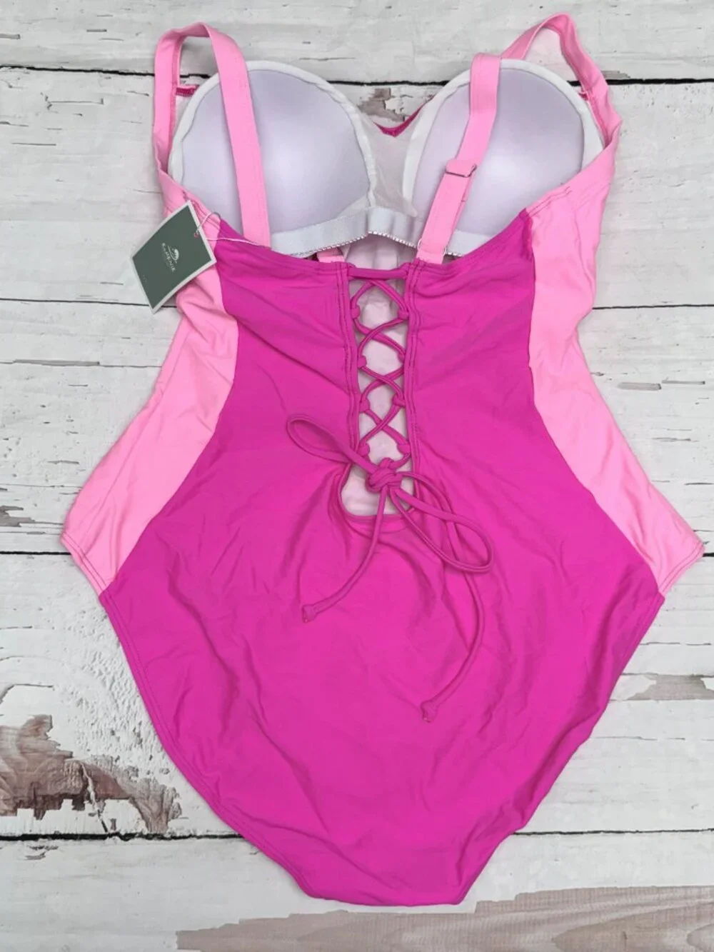 Eomenie Pink Ombre One Piece Swimsuit‎ Lace-Up Back 2XL NWT